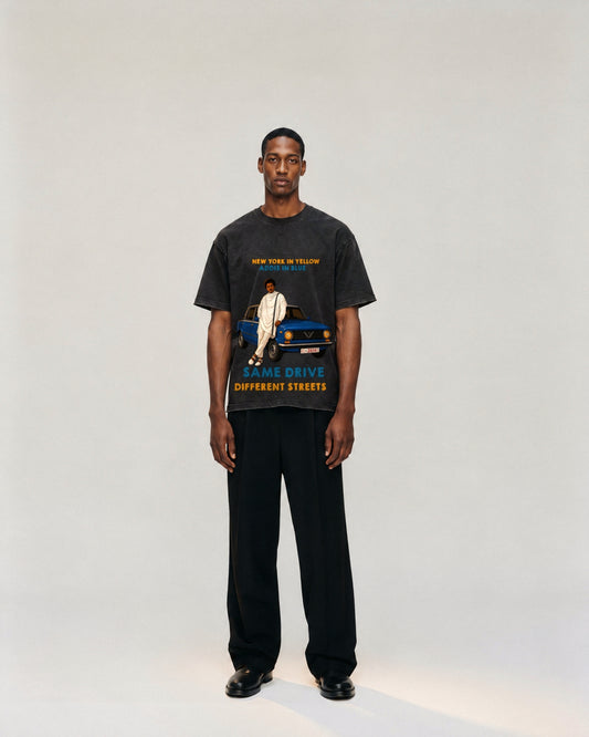 Addis in Blue Tee on model. Model is 6'3" and wears size XL.
