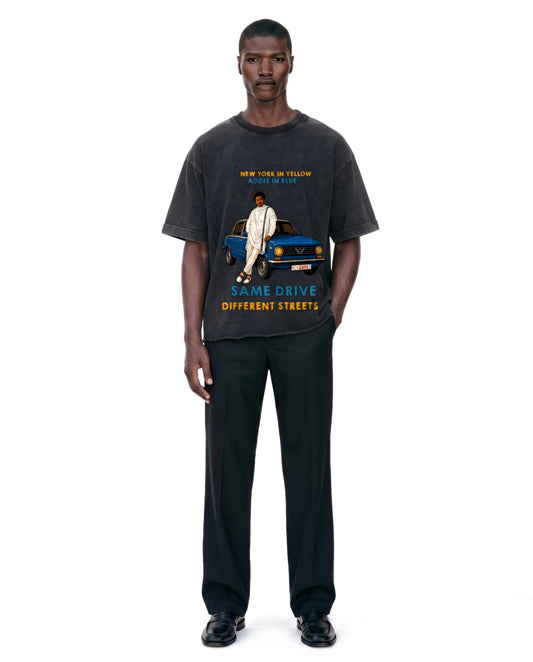 Addis in Blue Tee on model. Model is 6'3" and wears size XL.