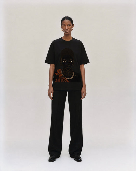 House of Omo Tee on model. Model is 5'9" and wears size S.