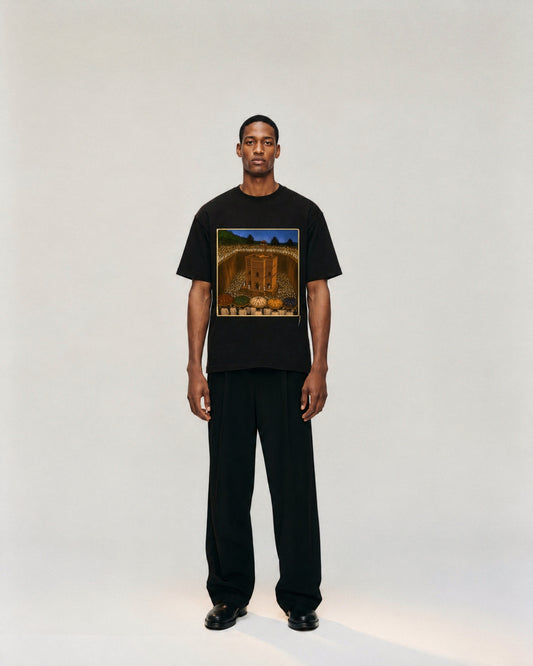 Lalibela Tee on model. Model is 6'3" and wears size XL.