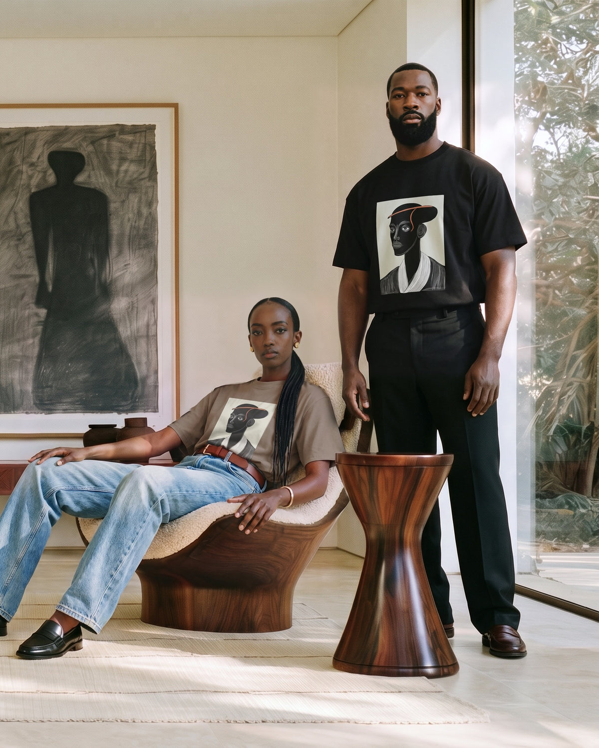 Two models wearing the Amasunzu tee in black and brown