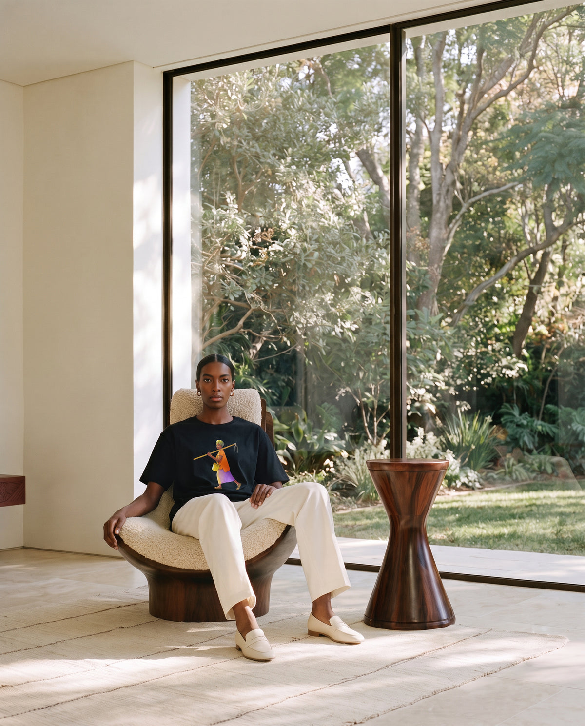 Model wearing the Harvest of Resilience tee by the window