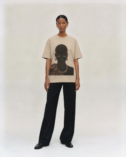 House of Omo Tee on model. Model is 5'9" and wears size S.