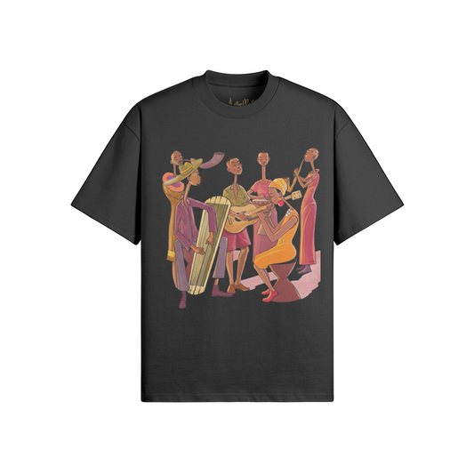 The Melody Tee, Rwandan heritage graphic t-shirt in black, front view